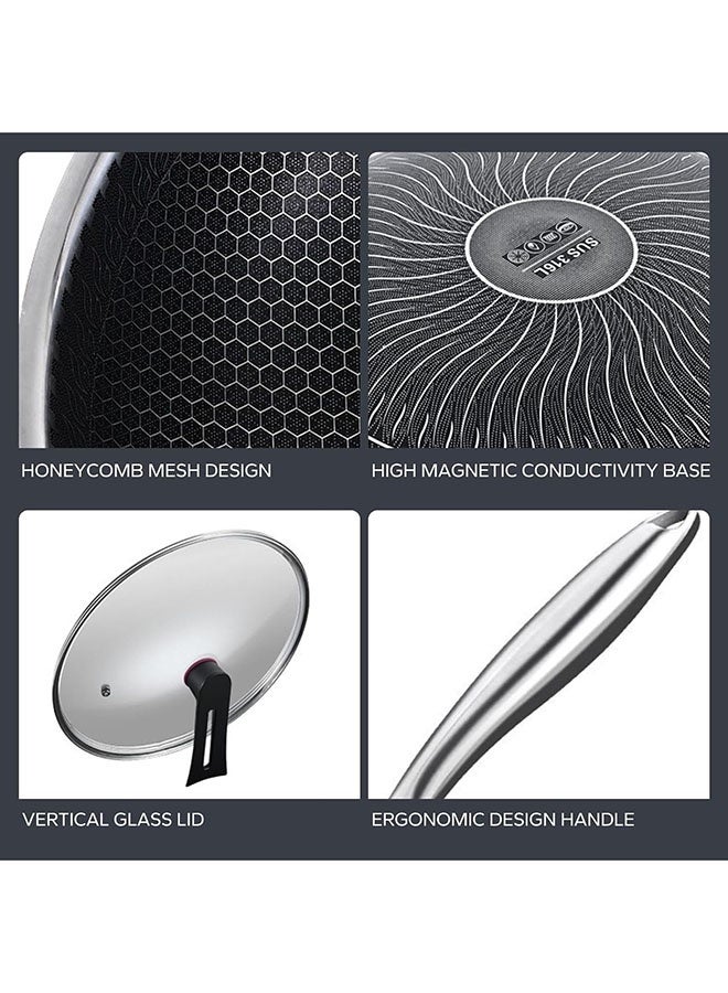 عربست مجموعة مقالي من الفولاذ المقاوم للصدأ، مقلاة غير لاصقة مقاس 32 سم مع نقش على شكل قرص العسل، مقلاة ووك من الفولاذ المقاوم للصدأ مع غطاء زجاجي ومقبض وملعقة سيليكون، متوافقة مع الحث الحراري وآمنة للاستخدام في غسالة الأطباق - Image 3