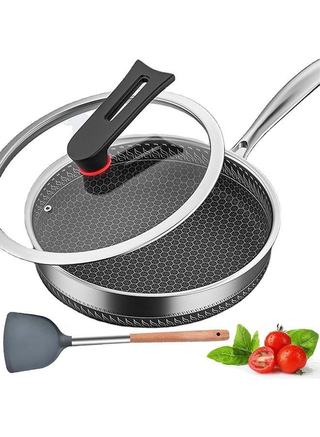 عربست مجموعة مقالي من الفولاذ المقاوم للصدأ، مقلاة غير لاصقة مقاس 32 سم مع نقش على شكل قرص العسل، مقلاة ووك من الفولاذ المقاوم للصدأ مع غطاء زجاجي ومقبض وملعقة سيليكون، متوافقة مع الحث الحراري وآمنة للاستخدام في غسالة الأطباق - Image 1