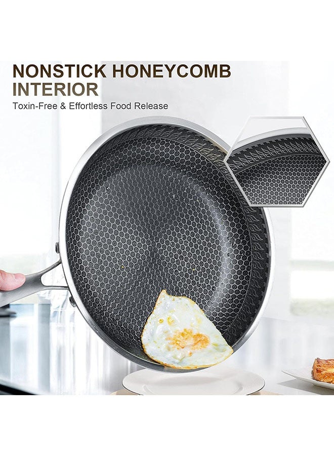 عربست مجموعة مقالي من الفولاذ المقاوم للصدأ، مقلاة غير لاصقة مقاس 32 سم مع نقش على شكل قرص العسل، مقلاة ووك من الفولاذ المقاوم للصدأ مع غطاء زجاجي ومقبض وملعقة سيليكون، متوافقة مع الحث الحراري وآمنة للاستخدام في غسالة الأطباق - Image 5