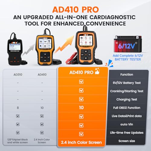Ancel ANCEL AD410 Pro 2 in 1 OBD2 Scanner Battery Tester, OBD2 Scanner Diagnostic Tool for Car Check Engine Code Reader Scan Tool & 6V 12V 100-2000 CCA Battery Charging Cranking Test EVAP Live Data - Image 2