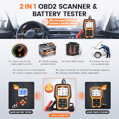 Ancel ANCEL AD410 Pro 2 in 1 OBD2 Scanner Battery Tester, OBD2 Scanner Diagnostic Tool for Car Check Engine Code Reader Scan Tool & 6V 12V 100-2000 CCA Battery Charging Cranking Test EVAP Live Data - Image 3