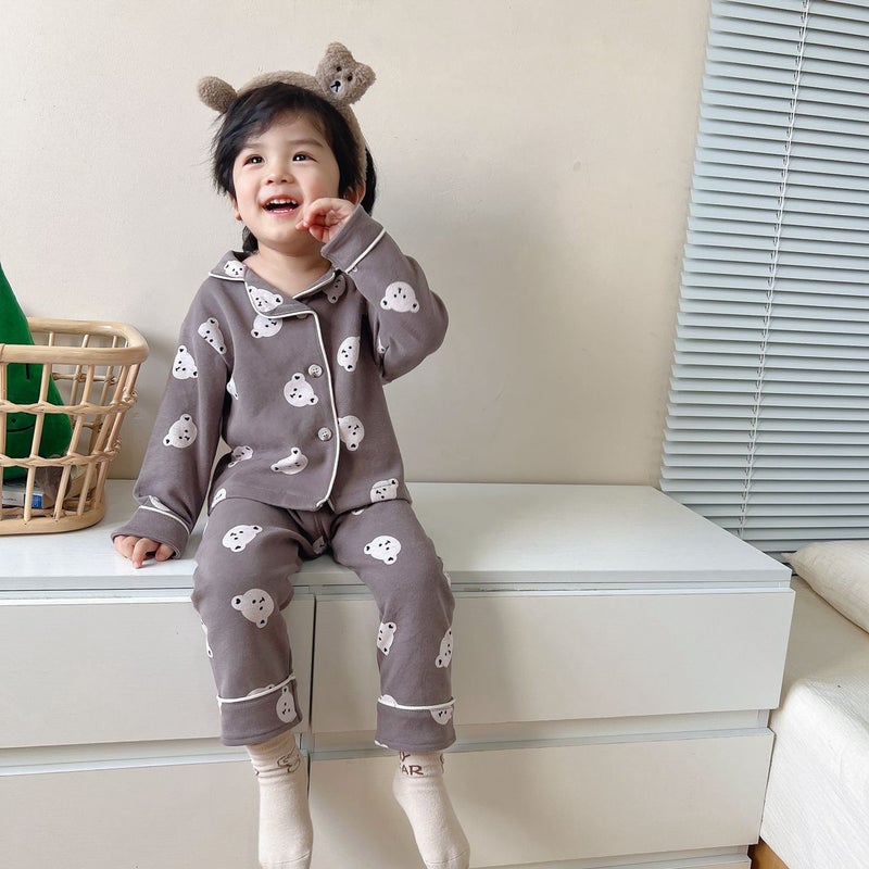 Kids Korean Autumn Pajama Set 2023 Comfortable Gray bottom bear 