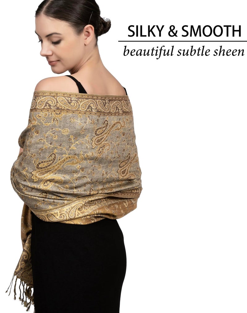 Achillea Soft Silky Reversible Paisley Pashmina Shawl Wrap Scarf w/Fringes (Grey Gold) - Image 2