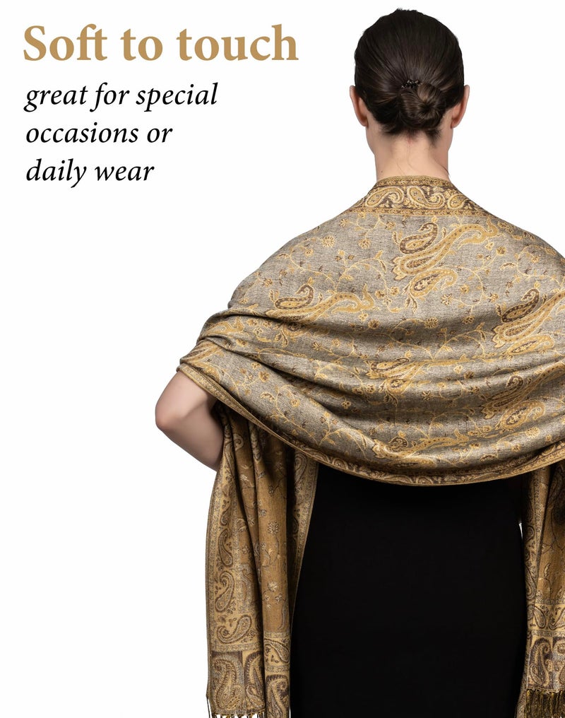 Achillea Soft Silky Reversible Paisley Pashmina Shawl Wrap Scarf w/Fringes (Grey Gold) - Image 4