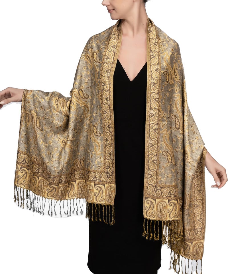 Achillea Soft Silky Reversible Paisley Pashmina Shawl Wrap Scarf w/Fringes (Grey Gold) - Image 1