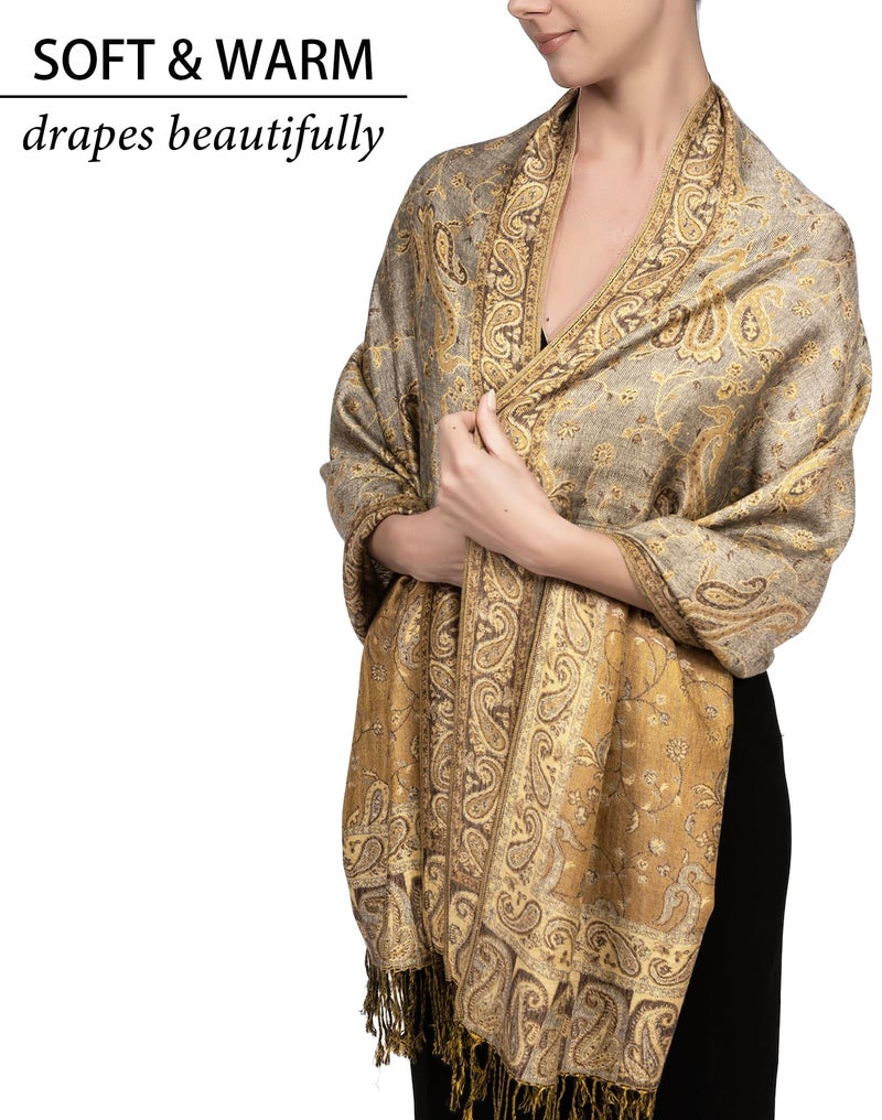 Achillea Soft Silky Reversible Paisley Pashmina Shawl Wrap Scarf w/Fringes (Grey Gold) - Image 3