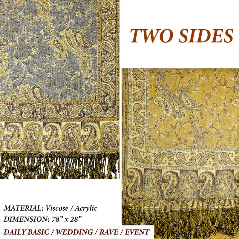 Achillea Soft Silky Reversible Paisley Pashmina Shawl Wrap Scarf w/Fringes (Grey Gold) - Image 5