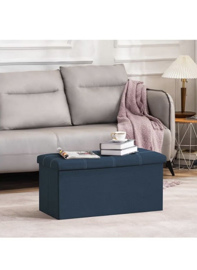 Hanayo 30 inches Folding Storage Ottoman, 80L Ottoman Bench Footrest Stool with Hidden Storage Boxes, Linen Fabric Storage Chest Padded Seat for Bedroom and Living Room, Support 350lbs (Dark Blue)  - Image 5