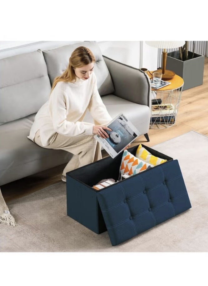 Hanayo 30 inches Folding Storage Ottoman, 80L Ottoman Bench Footrest Stool with Hidden Storage Boxes, Linen Fabric Storage Chest Padded Seat for Bedroom and Living Room, Support 350lbs (Dark Blue)  - Image 2