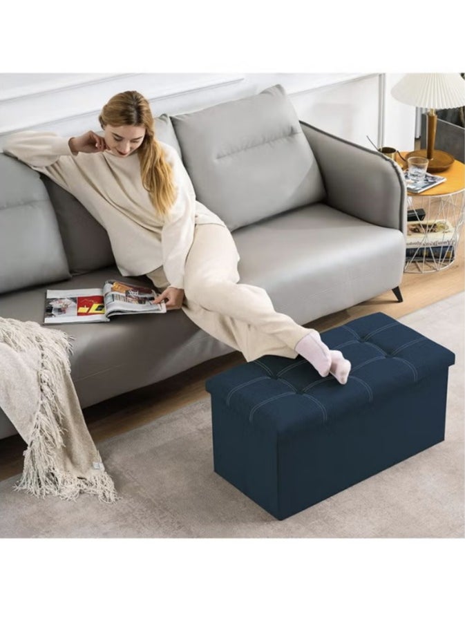 Hanayo 30 inches Folding Storage Ottoman, 80L Ottoman Bench Footrest Stool with Hidden Storage Boxes, Linen Fabric Storage Chest Padded Seat for Bedroom and Living Room, Support 350lbs (Dark Blue)  - Image 4