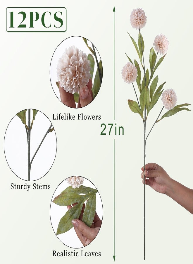VIERENA 12 Pcs Faux Silk Pompon Mum Artificial Flowers for Vase -27", Bulk Fake Chrysanth Branches with Stems for DIY Bouquet Centerpieces Wedding Fillers Arrangements Shower Decorations (Beige) - Image 5