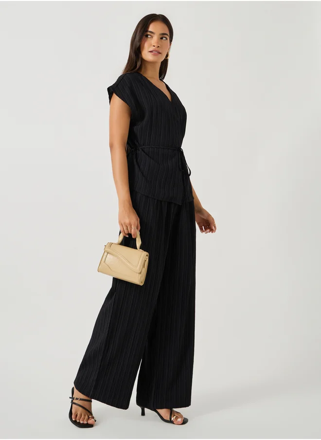 Styli Textured Wrap Tie-Up Top and Pants Co-Ords