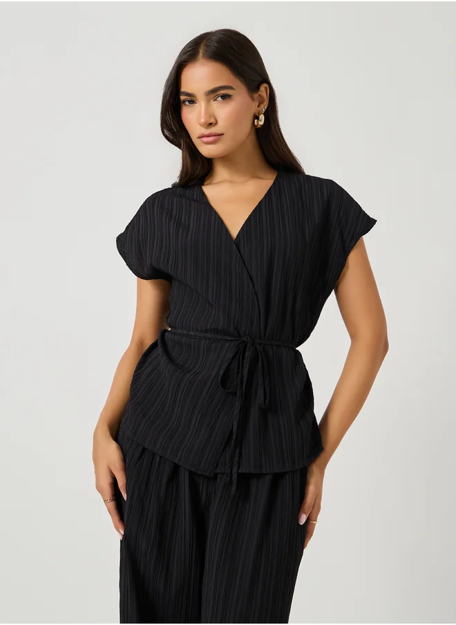Styli Textured Wrap Tie-Up Top and Pants Co-Ords