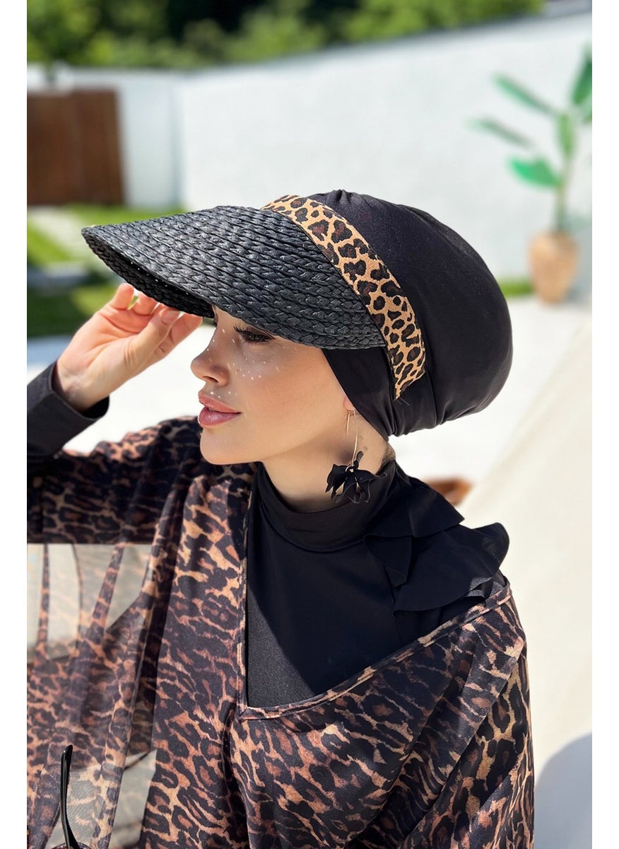 Remsa Mayo Remsa Swimsuit Remsa Visor Knitted Straw Hat Sunscreen Visor RŞ-101 Black Leopard  - Image 1