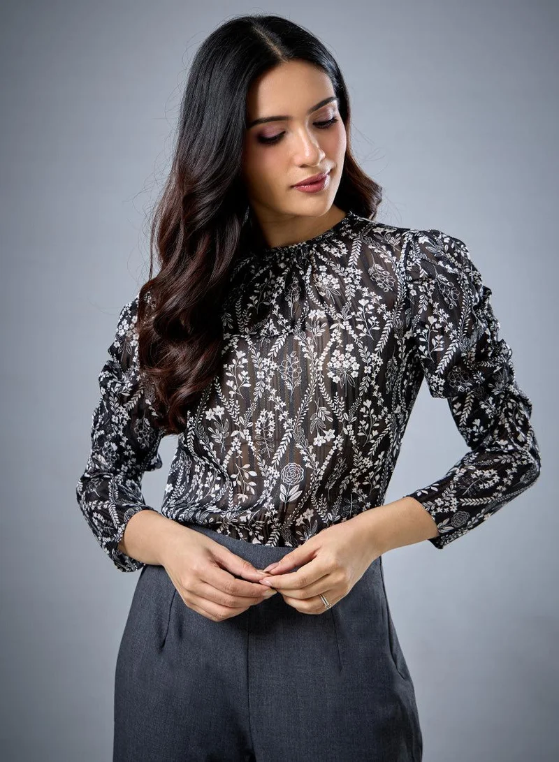 زجزاج Long Sleeve Gathered Printed Top