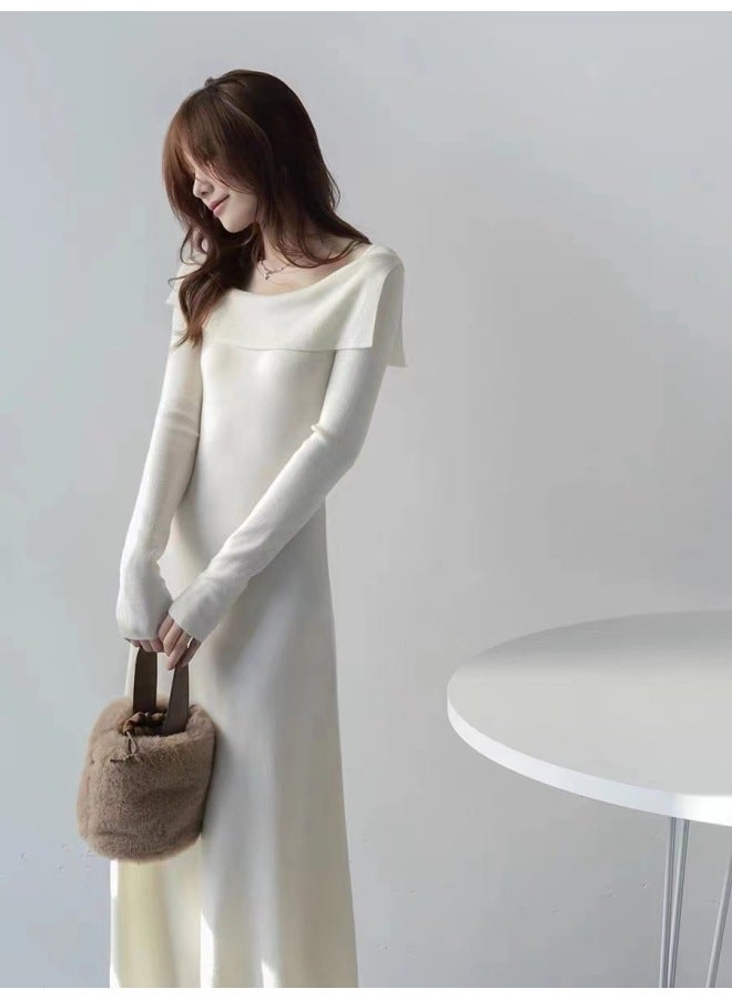 Off-white French One-shoulder Fashionable Waist Slimming Long-sleeve Wool Knitted Dress