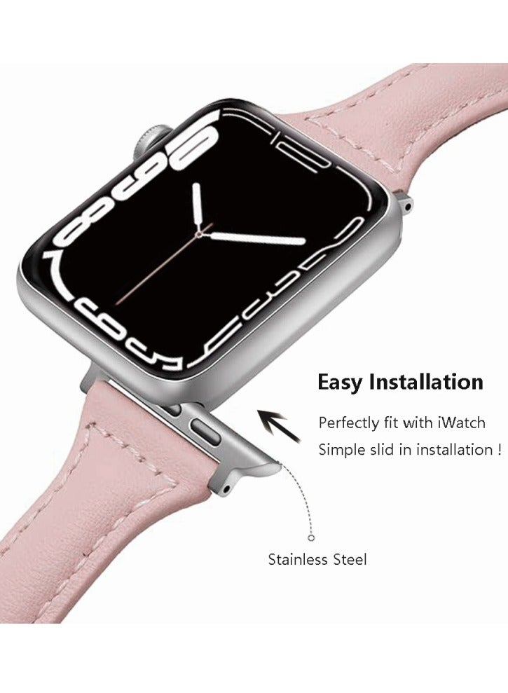 Slim Genuine Leather Band Compatible with Apple Watch Women, 38mm/40mm/41mm/42mm(series 10) Display Compatible with iWatch Series 10/9/8/7/6/5/4/3/SE/SE2/Ultra, Adjustable wrist size (Pink) - Image 2