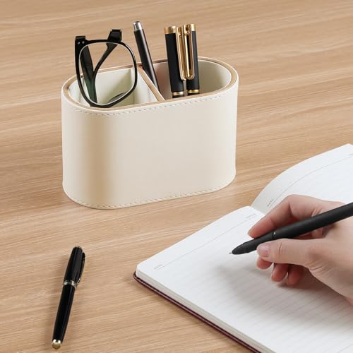 MEIBOOCH PU Leather Pen Holder for Desk Small Remote Control Holder Pencil Cup Multifunctional Desktop Organizer Caddy for Home School Office Desk Accessories 2 Compartments Beige - Image 3