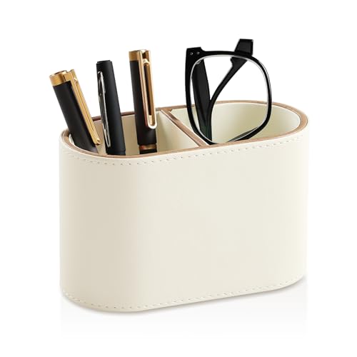 MEIBOOCH PU Leather Pen Holder for Desk Small Remote Control Holder Pencil Cup Multifunctional Desktop Organizer Caddy for Home School Office Desk Accessories 2 Compartments Beige - Image 1