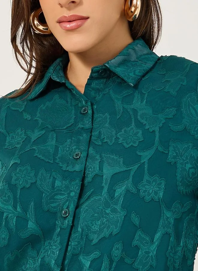 Styli Textured Balloon Sleeve Spread Collar Lace Shirt