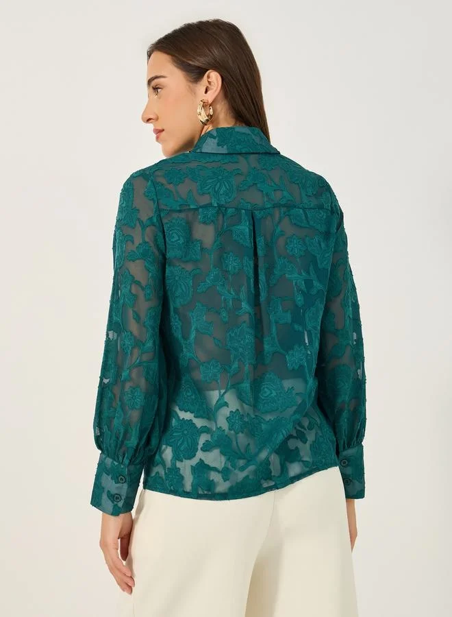 Styli Textured Balloon Sleeve Spread Collar Lace Shirt