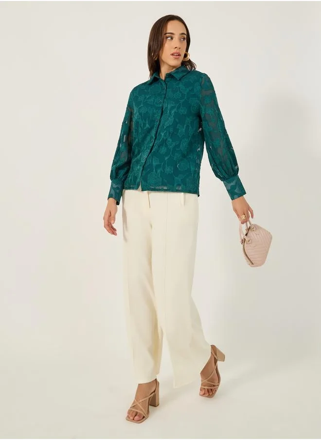 ستايلي Textured Balloon Sleeve Spread Collar Lace Shirt