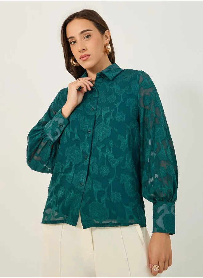 ستايلي Textured Balloon Sleeve Spread Collar Lace Shirt