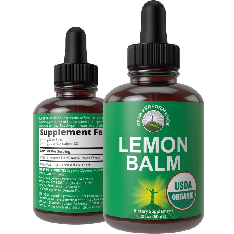 Peak Performance USDA Organic Lemon Balm Tincture Liquid Organic Lemon Balm Oil Drops Supplement for Relaxation Calm Digestion Vegan Leaf Extract Zero Sugar Gluten Free Supplements for Women and Men