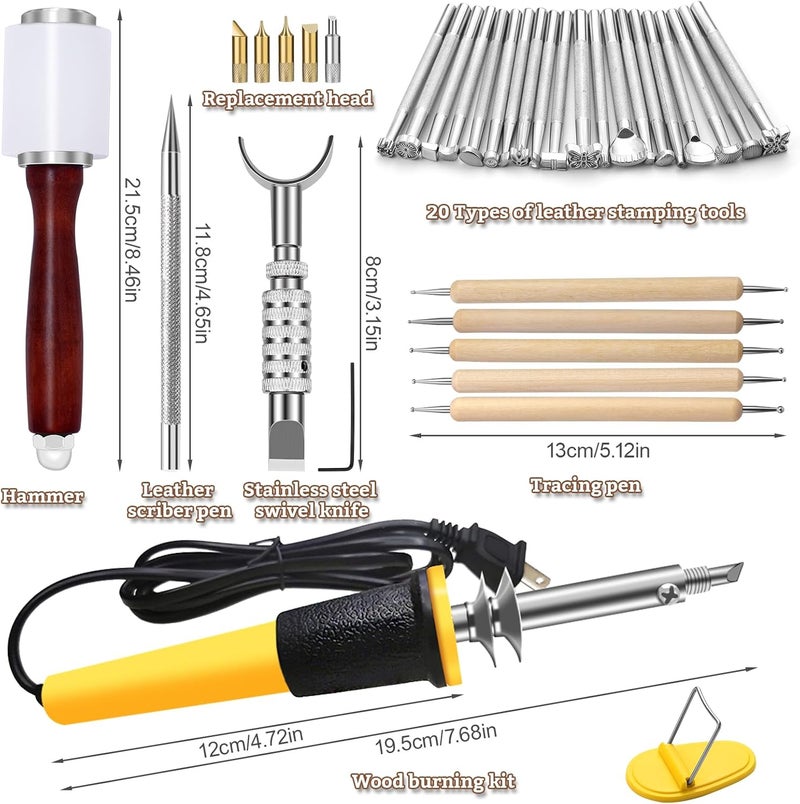 QMNNMA Leather Stamping Tools, Leather Carving Set, Working Kit for Beginners with Wood Burning Kit, Stamp Punch Set and Adjustable Swivel Knife, Carving Working Saddle Making - Image 2