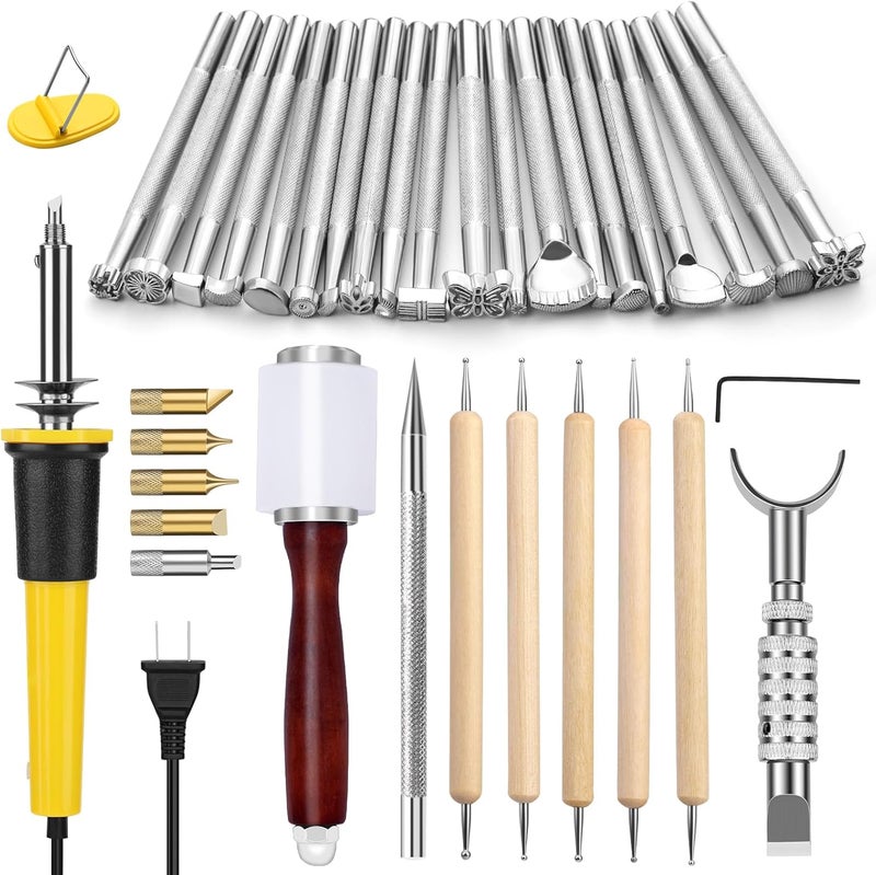 QMNNMA Leather Stamping Tools, Leather Carving Set, Working Kit for Beginners with Wood Burning Kit, Stamp Punch Set and Adjustable Swivel Knife, Carving Working Saddle Making - Image 1