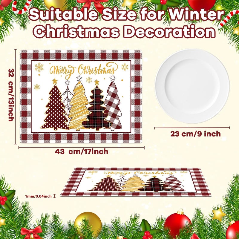 OBUSATT Winter Christmas Placemats Set of 6 Merry Christmas Watercolor Buffalo Plaid Plastic Table Mats Red Gold Xmas Trees Place Mat Holiday Table Decoration for Indoor Outdoor Party Kitchen Dining - Image 2