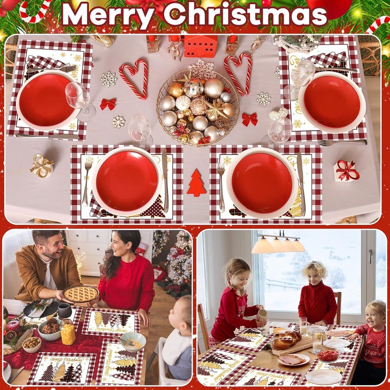 OBUSATT Winter Christmas Placemats Set of 6 Merry Christmas Watercolor Buffalo Plaid Plastic Table Mats Red Gold Xmas Trees Place Mat Holiday Table Decoration for Indoor Outdoor Party Kitchen Dining - Image 5