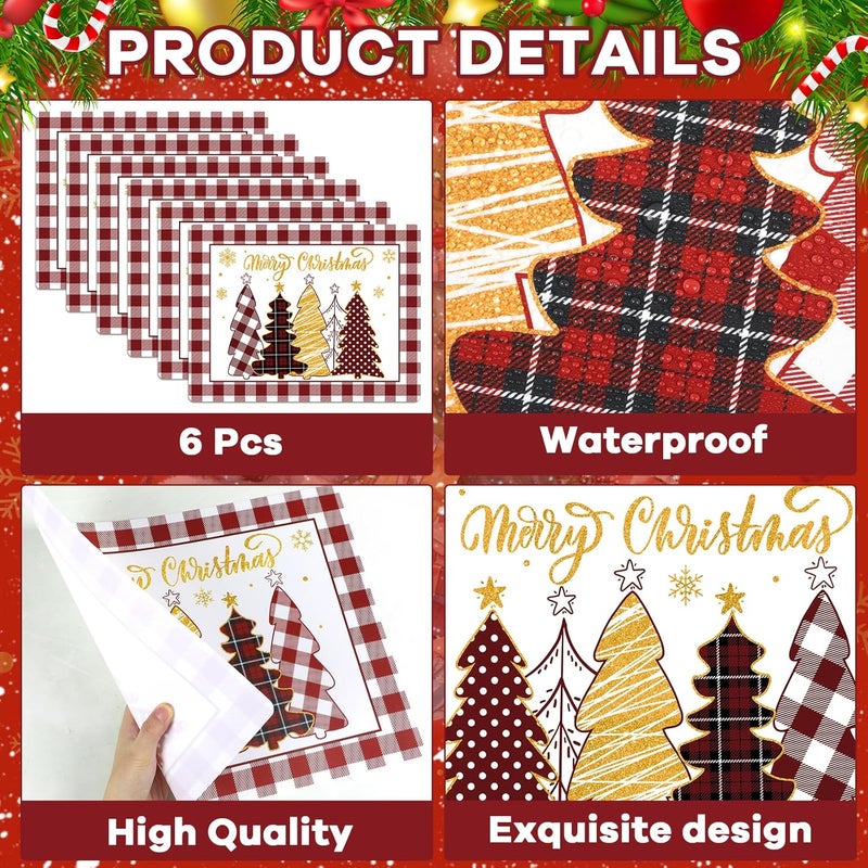 OBUSATT Winter Christmas Placemats Set of 6 Merry Christmas Watercolor Buffalo Plaid Plastic Table Mats Red Gold Xmas Trees Place Mat Holiday Table Decoration for Indoor Outdoor Party Kitchen Dining - Image 3