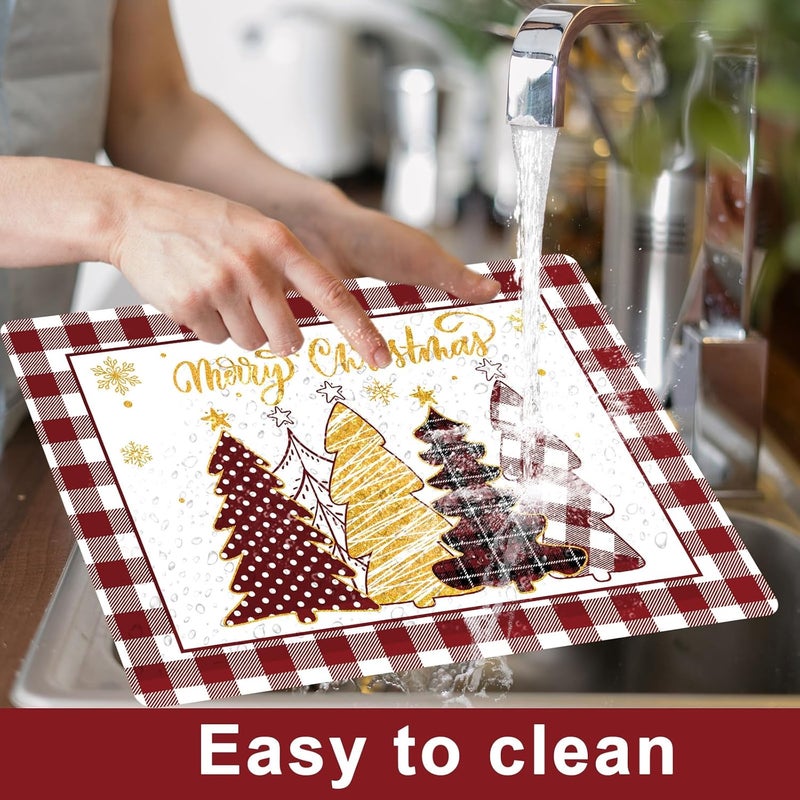 OBUSATT Winter Christmas Placemats Set of 6 Merry Christmas Watercolor Buffalo Plaid Plastic Table Mats Red Gold Xmas Trees Place Mat Holiday Table Decoration for Indoor Outdoor Party Kitchen Dining - Image 4