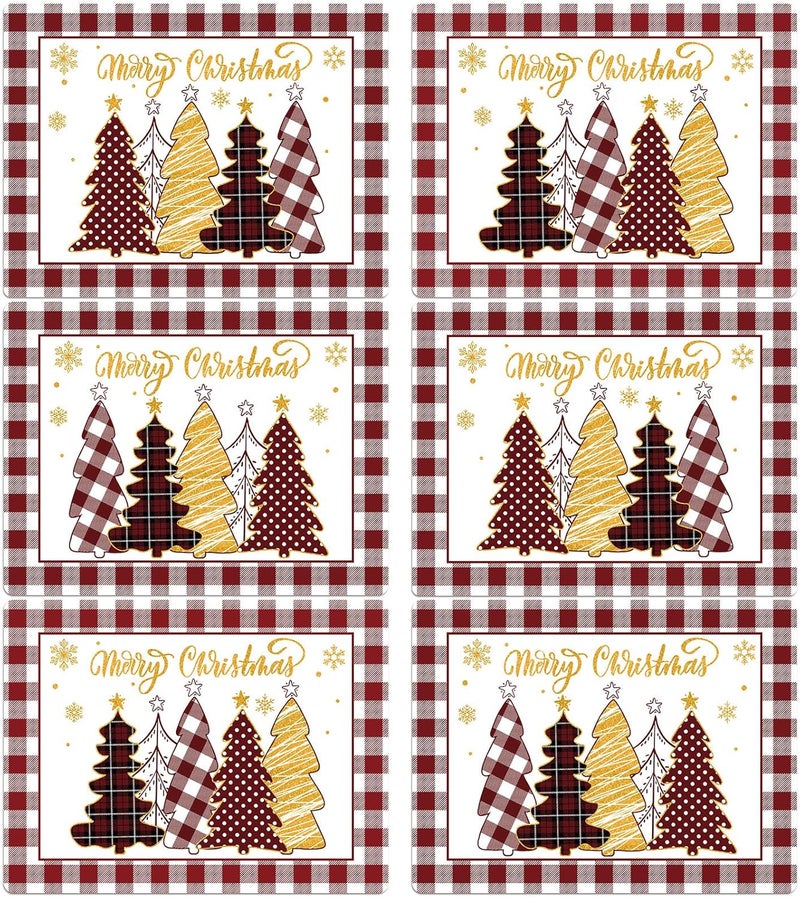 OBUSATT Winter Christmas Placemats Set of 6 Merry Christmas Watercolor Buffalo Plaid Plastic Table Mats Red Gold Xmas Trees Place Mat Holiday Table Decoration for Indoor Outdoor Party Kitchen Dining - Image 1