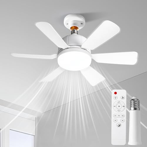 RWNTAO Socket Ceiling Fan Light with Remote and 1 Socket Extender E26 Based Easy Install Replacement for Indoor Bedroom Kitchen and Living Room 3 Color Stepless Dimming Six Blade Fan Light White - Image 1