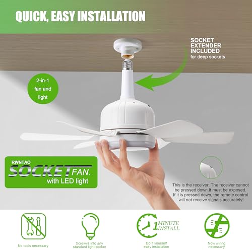 RWNTAO Socket Ceiling Fan Light with Remote and 1 Socket Extender E26 Based Easy Install Replacement for Indoor Bedroom Kitchen and Living Room 3 Color Stepless Dimming Six Blade Fan Light White - Image 3
