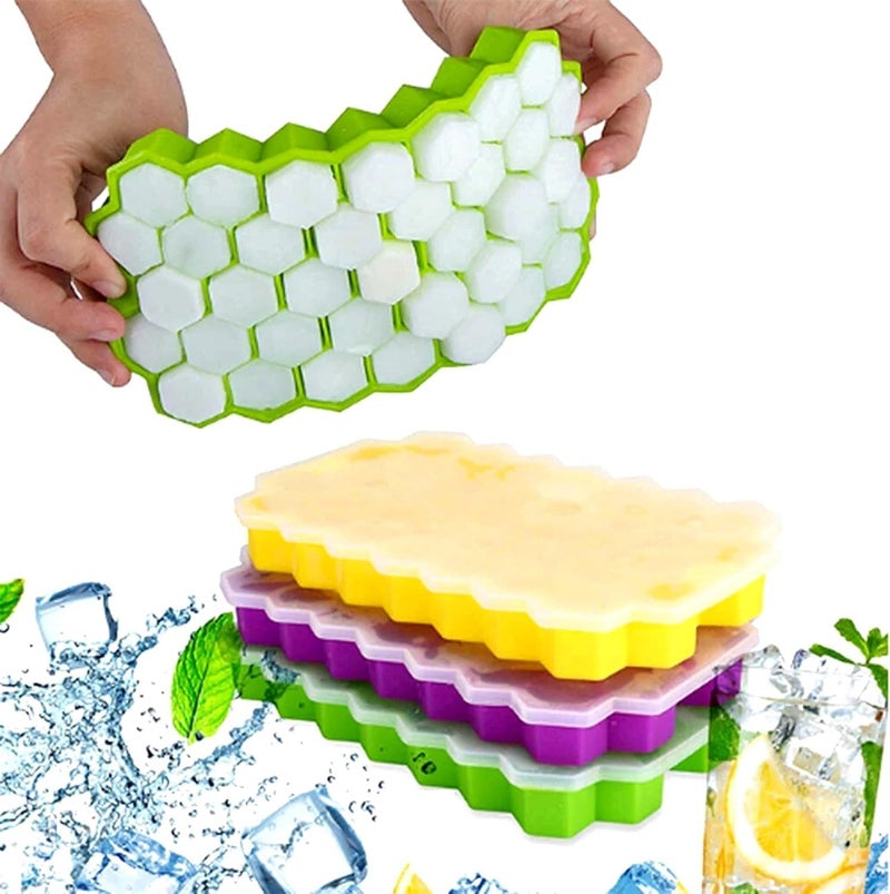AIMERS Flexible Silicone Honeycomb Ice Cube Tray with Lid 37 Cavity for Small Cubes Whiskey Bar Fridge Reusable Easy Release Ice Moulds Pack of 2 Multicolor - Image 5