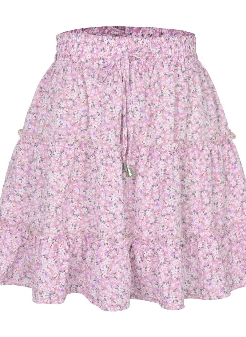 Loquat New Women's High-waisted Floral Half Skirt Peplum Printed A-Line Short Skirt 