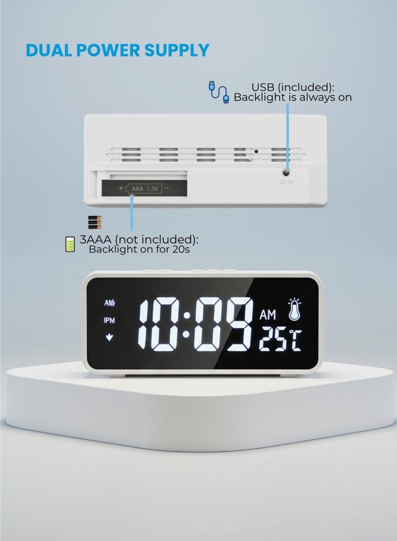 فيكسا برو ساعة منبه رقمية مع سطح مرآة، شاشة LED كبيرة، سطوع قابل للتعديل، وظيفة الغفوة، درجة حرارة داخلية - Image 3