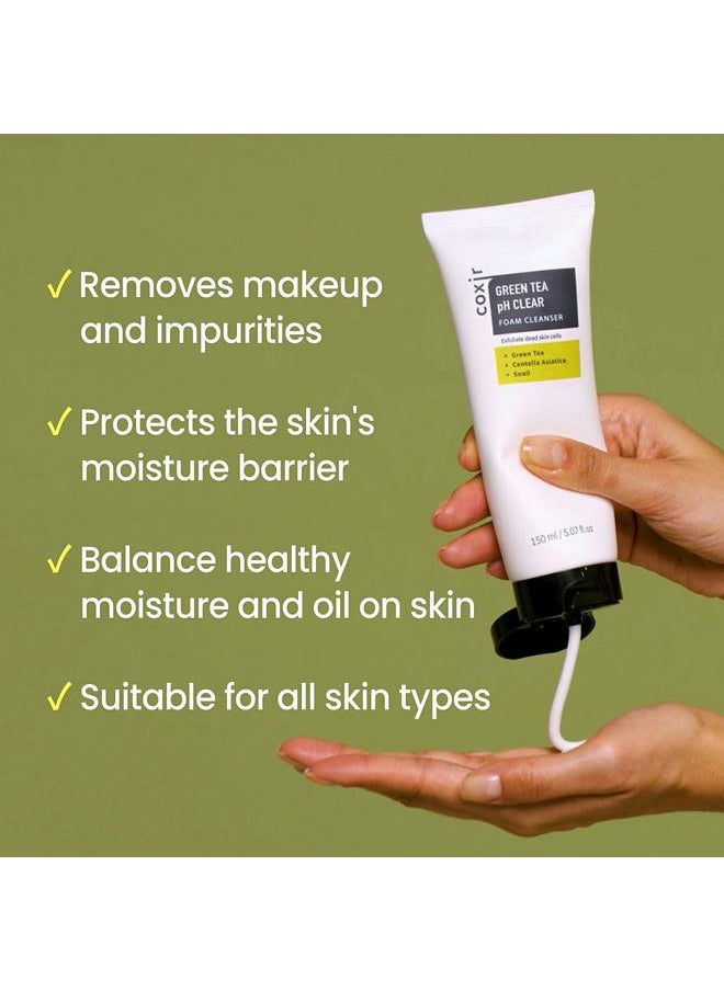 coxir GREENTEA PH CLEAR FOAM CLEANSER 5.07 Fl Oz l Low pH Formula Facial Washes with Gentle Exfoliating l deep cleanses pores and remove dead skin cells on skin  - Image 5
