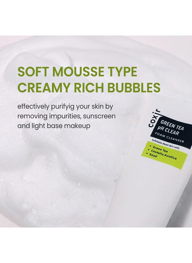 coxir GREENTEA PH CLEAR FOAM CLEANSER 5.07 Fl Oz l Low pH Formula Facial Washes with Gentle Exfoliating l deep cleanses pores and remove dead skin cells on skin  - Image 3