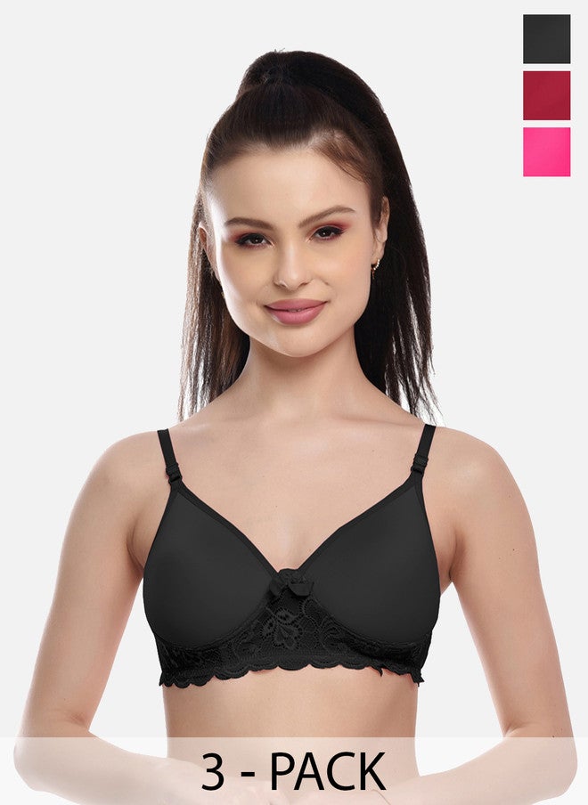 FIMS Pack of 3 Fuchsia & Black Lightly Padded Lace Bras - Image 1