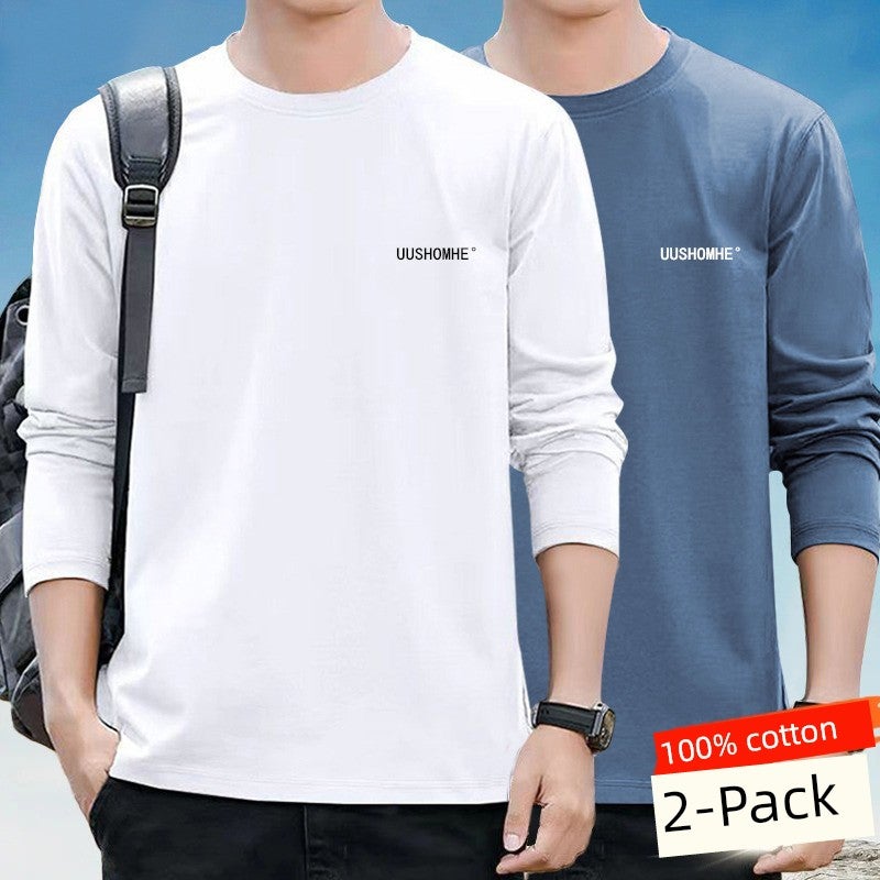100% pure cotton long-sleeved t-shirt for men's spring and autumn thin casual versatile outer wear thin autumn clothes inner wear round neck base shirt - Image 3