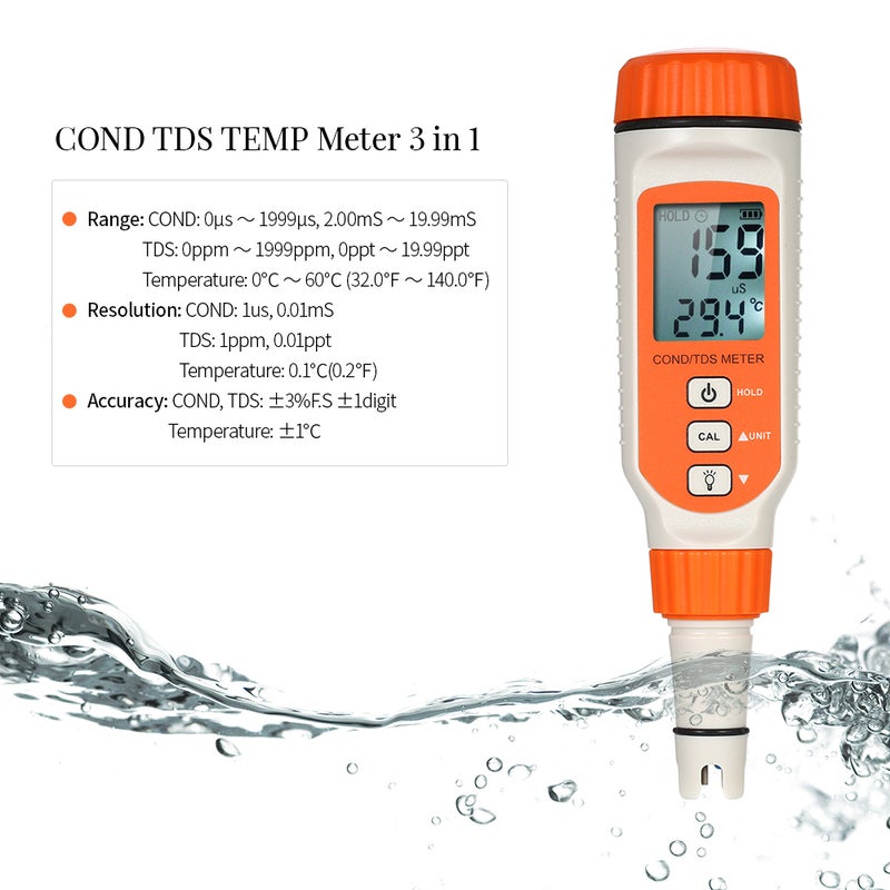 SMART SENSOR 3 in 1 Water Quality Tester Pen Type Conductivity Meter Professional TDS / COND / TEMP Analyzer Total Dissolved Solid Temperature Tester for Aquarium Household Drinking Solution with ATC Function and Backlight - Image 3