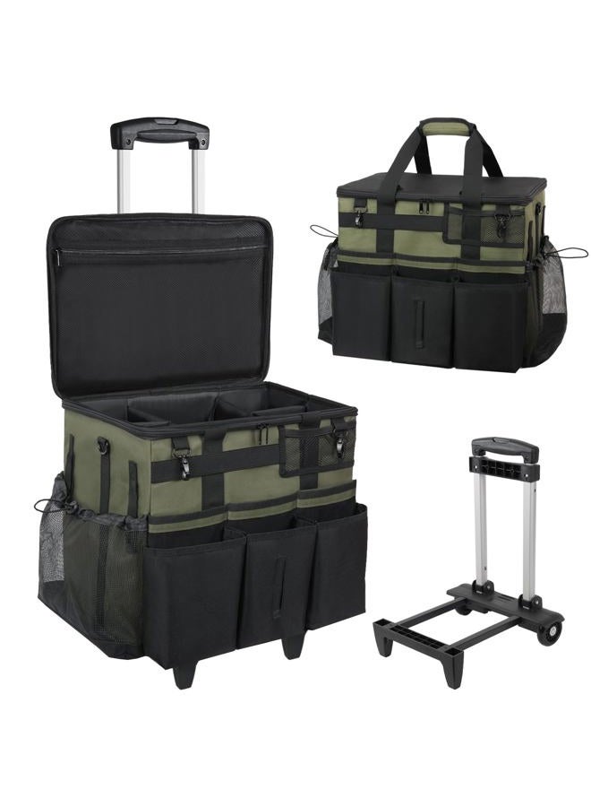 SCAVATA Rolling Cleaning Caddy Bag with Detachable Trolley, Large Cleaning Supplies Organizer with Wheels, Multi-Pocket Cleaning Cart with Adjustable Shoulder Strap for Housekeepers & Home Use, Armygreen - Image 1