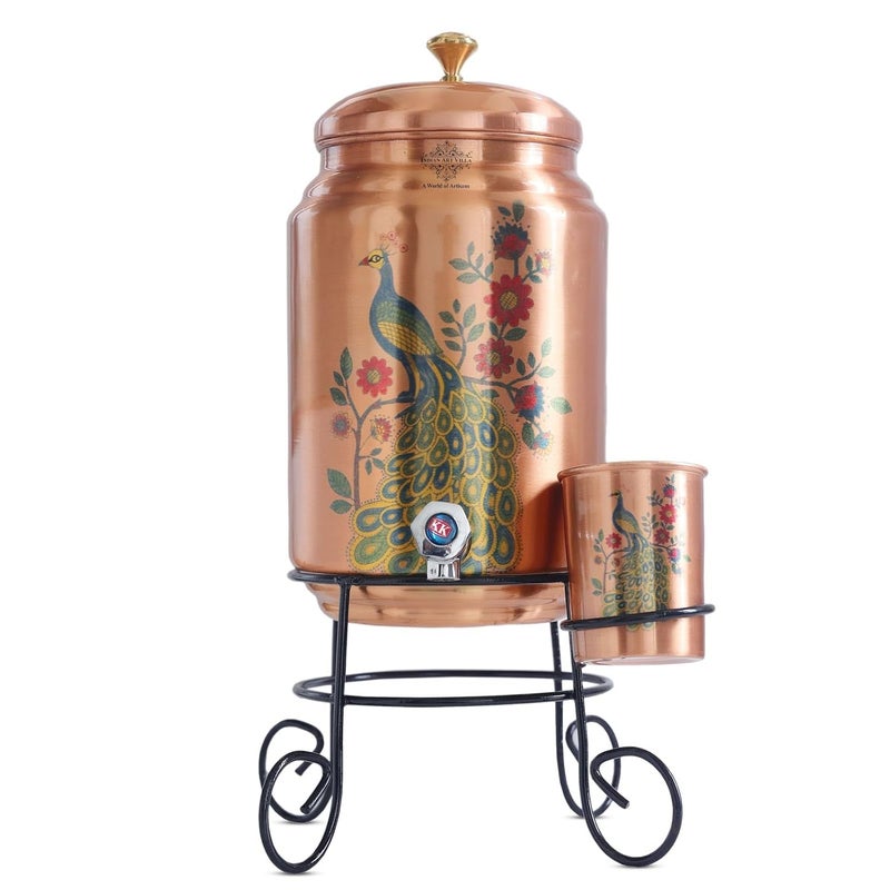 INDIAN ART VILLA Copper Water Dispenser 5 litres with Stand Glass Matka Pot with Peacock Design Ayurvedic Antimicrobial Benefits 5 Litre Storage Capacity - Image 1