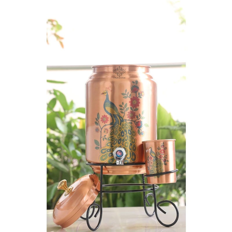 INDIAN ART VILLA Copper Water Dispenser 5 litres with Stand Glass Matka Pot with Peacock Design Ayurvedic Antimicrobial Benefits 5 Litre Storage Capacity - Image 4