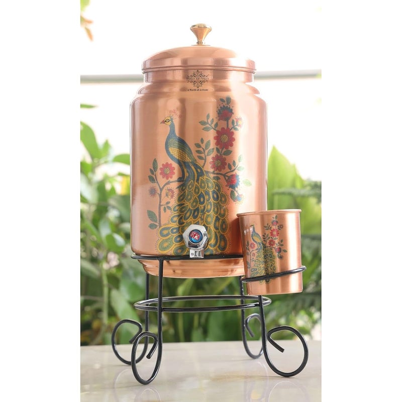 INDIAN ART VILLA Copper Water Dispenser 5 litres with Stand Glass Matka Pot with Peacock Design Ayurvedic Antimicrobial Benefits 5 Litre Storage Capacity - Image 3