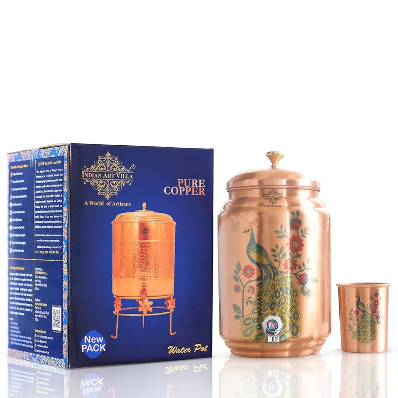 INDIAN ART VILLA Copper Water Dispenser 5 litres with Stand Glass Matka Pot with Peacock Design Ayurvedic Antimicrobial Benefits 5 Litre Storage Capacity - Image 2